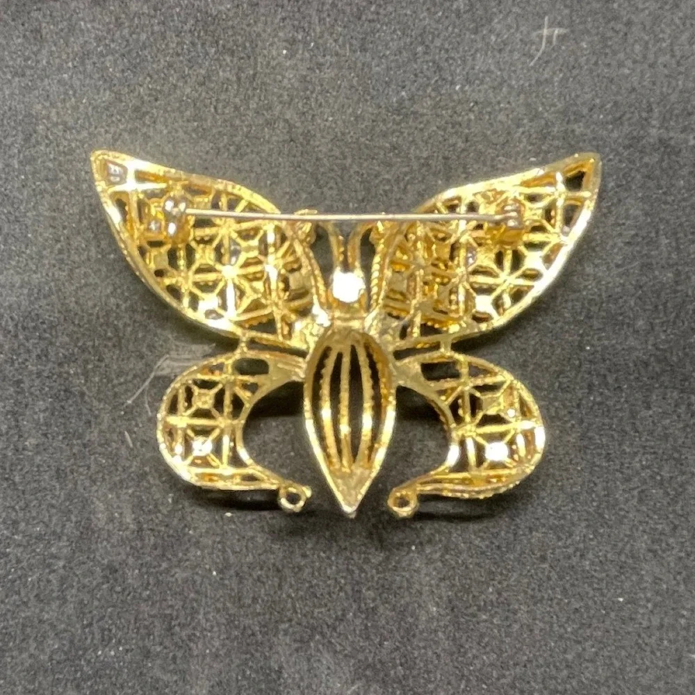 Vintage Gold Tone Butterfly Brooch Turquoise Rhinestone Filigree Pin 2.25 Inch